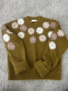 Sezane Olive Floral Applique Crewneck Sweater with Blush & White Flowers